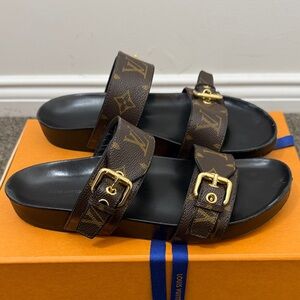 Louis Vuitton Monogram Bom Dia Double Buckle Slides 38.5